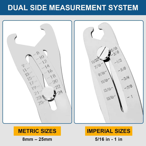 Close-up of Bolt Size Finder Tool Keychain Gauge for DIY Mechanics, showing metric and imperial size scales, stainless steel.
