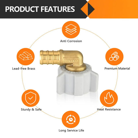 Ten Piece PEX Fittings Set With Brass Crimp Fittings For One Half Inch PEX To One Half Inch Female NPT Swivel Elbow For Potable Water Certified To ASTM F1807 And NSF ANSI 61 Lead Free, brass elbow
