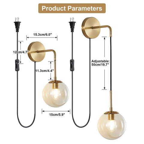 Plug In Wall Sconce Set Of 2 Modern Glass Globe Lights With Brushed Brass Finish dimensions and design details