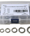 IEUYO stainless steel split lock washer assortment kit in a clear plastic box with six sizes (1/4"–5/8")