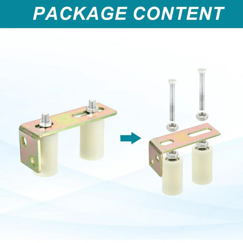 2.8 By 1.6 Inch Slide Gate Guide Roller Set With L Bracket Universal Adjustable Heavy Duty Sliding Gate Hardware Kit in white shown with parts