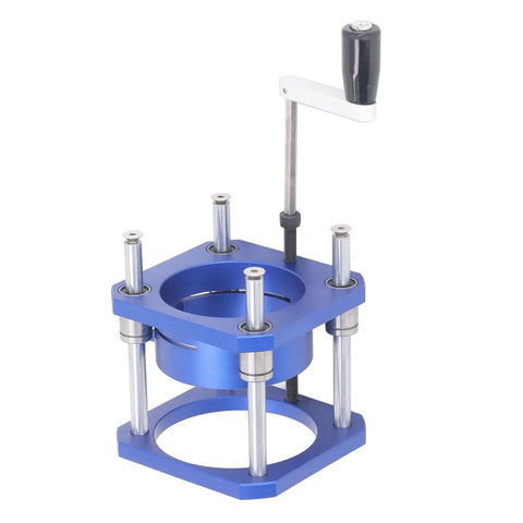 Precision Adjustable Router Table With 0 To 54mm Lift System And Sturdy Aluminum Base, blue with clamp for woodworking tasks.