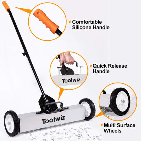 Magnetic Pick Up Sweeper With Wheels 24 Inch Large Metal Magnet For Yard Debris Cleanup Tough As Nails Heavy Duty Aluminum Frame Telescoping Handle With Quick Release Latch Nail And Screw Finder Roofing Garage Clean Up Tool