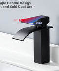 Waterfall Spout Deck Mount Bathroom Faucet Slick Matte Black Finish With Pop Up Drain No Overflow Modern Lavatory 304 Stainless Steel