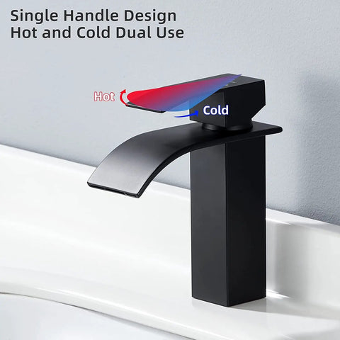 Waterfall Spout Deck Mount Bathroom Faucet Slick Matte Black Finish With Pop Up Drain No Overflow Modern Lavatory 304 Stainless Steel