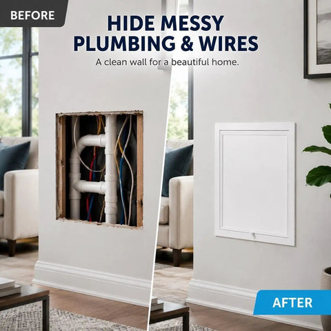 No Sweat Heavy Duty Metal Access Panel For Drywall Wall And Ceiling Concealed Hole Cover Paintable White Access Door For Attic Basement Bath 30X32 Inch With Ridiculous Durability before and after installation next to pipes.