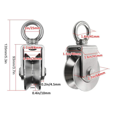 Two Pack V Groove Caster Wheels Heavy Duty Track Pulleys For Sliding Doors 304 Stainless Steel Build with measurements.