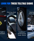 Image showing warning signs for wheel hub issues including ABS light, steering wheel vibration and play, clunking noise.