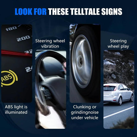 Image showing warning signs for wheel hub issues including ABS light, steering wheel vibration and play, clunking noise.