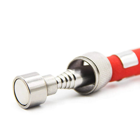 Close-up of a silver telescoping magnetic pickup tool with a red grip and a 10 lb magnet