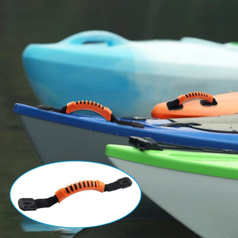 Two Pack Kayak Handles With Plastic Buckle Orange PVC Molded Webbing Replacement Handles For Paddle Tandem Canoe Boat And Kayaks Includes Mounting Screws Heavy Duty UV Resistant No Fuss Install on kayaks in water