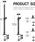 Diagram of Two Pack Desk Mount Stands For DSLR Cameras And Lights With One Quarter Inch Ball Head, adjustable height and clamp size.