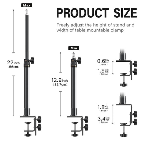 Diagram of Two Pack Desk Mount Stands For DSLR Cameras And Lights With One Quarter Inch Ball Head, adjustable height and clamp size.
