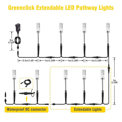 Diagram of Extendable LED Pathway Lights 6 Pack Low Voltage 12V AC DC 570 Lumen Yard Walkway Driveway Landscape Lamps, connectors