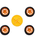 Orange and black wheels with yellow disc from 78 Piece Plastic Gear Pulley Belt Rack Kit For DIY Projects Gear Shaft And Belt Systems Hands On Build Set