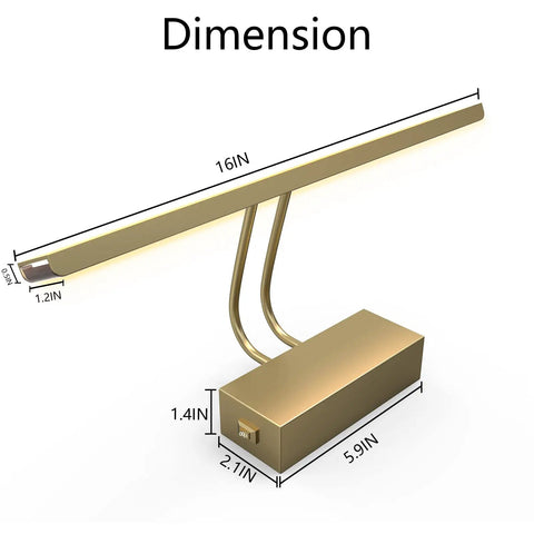 900 Lumen Dimmable LED Picture Light With Dual Arm Mount, 16-inch Matte Brass Finish, dimensions diagram