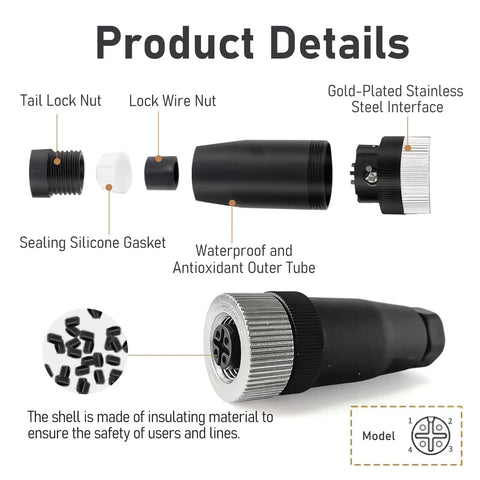 Ten Pack M12 4 Pin A Code Female Industrial Aviation Connector Waterproof IP67 Sensor Socket details view