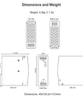 Technical drawing of Fanless 150W 48V DIN Rail Power Supply With 100 To 240V AC Input And 48V DC Output, dimensions and weight shown