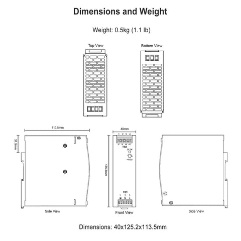 Technical drawing of Fanless 150W 48V DIN Rail Power Supply With 100 To 240V AC Input And 48V DC Output, dimensions and weight shown