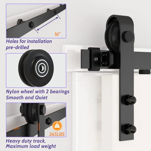 6Ft Barn Door Hardware Kit Lite Version Black with smooth quiet sliding track and POM wheels