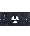 Top view of hinge drilling jig base for 35mm hinges, black plastic with hex wrench and bits