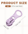 30 Pack Zipper Sliders Size Three Metal Repair Replacement With Zip Pull No Sewing Needed For Bags Wallets Jackets And Closed End Zippers Purple Great For DIY Repairs And Everyday Fixes #3 size dimensions shown