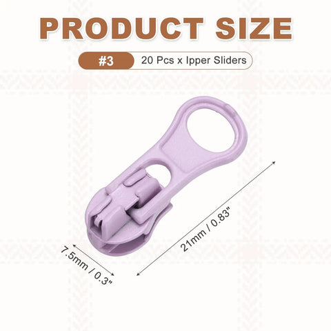 30 Pack Zipper Sliders Size Three Metal Repair Replacement With Zip Pull No Sewing Needed For Bags Wallets Jackets And Closed End Zippers Purple Great For DIY Repairs And Everyday Fixes #3 size dimensions shown
