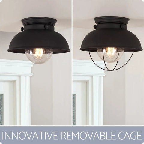 Farmhouse Nautical Flush Mount Ceiling Light With Seeded Glass Shade In Matte Black Finish, Modern Industrial Close-To-Ceiling Fixture With Removable Cage, Ideal For Kitchen, Hallway, Or Foyer