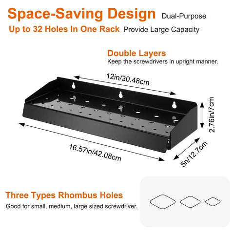 Wall Mounted Screwdriver Holder Rack For Garage, Workshop, Shed, And Home, Vertical Tool Organizer measuring 16.57x5 inches.