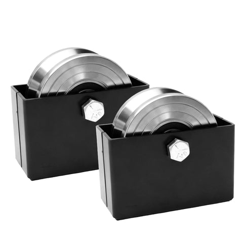 4 Inch V Groove Sliding Gate Roller Wheels 2 Pack Featuring Rugged Steel Construction and Welded Mounting Brackets close-up view.