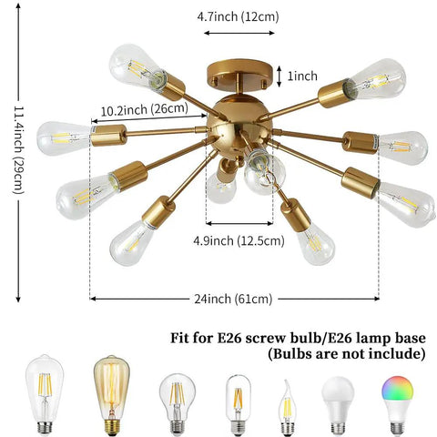 Rock A Killer Look With This Ten Light Gold Sputnik Chandelier Mid Century Modern Semi Flush Mount Ceiling Light In Brushed Brass Finish showing dimensions and bulb fitting details.