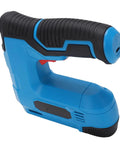 Slick Cordless Electric Brad Nailer And Staple Gun Rechargeable 2 In 1 Bottom Loading Fastening Tool, blue grip design.