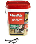 Image of a red and white container of FastenMaster TimberLok heavy duty wood screws for decks, with black screws in front.