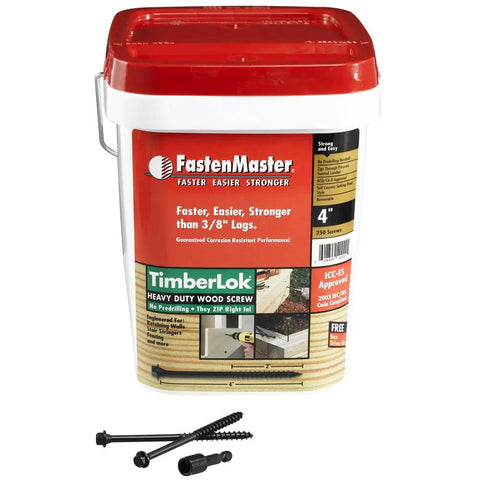 Image of a red and white container of FastenMaster TimberLok heavy duty wood screws for decks, with black screws in front.