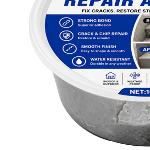Heavy Duty Concrete Crack Filler And Cement Repair Paste in a round container for repairing chipped edges and cracked steps.