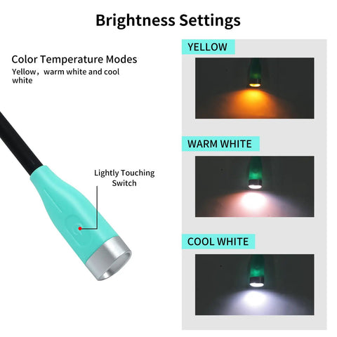 Green Neck Reading Light Hands Free For Cozy Bedside Reading showing brightness settings: yellow, warm white, cool white
