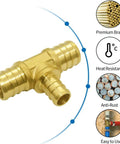 Nine Piece 3/4 To 1/2 PEX Reducing Tee Brass Crimp Plumbing Fittings Set For PEX Pipe Hose shown with features like premium brass and heat resistance