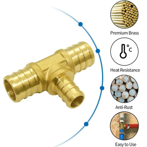Nine Piece 3/4 To 1/2 PEX Reducing Tee Brass Crimp Plumbing Fittings Set For PEX Pipe Hose shown with features like premium brass and heat resistance