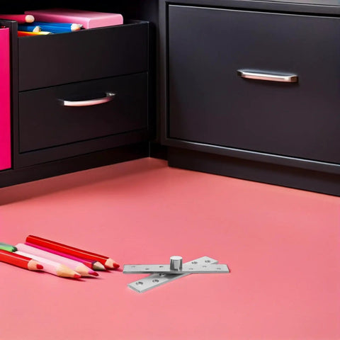 Six Pack Stainless Steel Hidden Pivot Door Hinges For Wood Doors And Gates on a pink surface with colored pencils