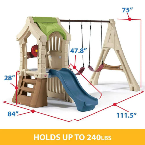 Tot Friendly Outdoor Kids Playset With Two Tier Swing Set, Slide, Climber, Crawl Space And Playhouse, easy assembly