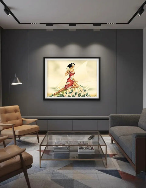 Wahine In Red Outrigger Canoe Vintage Hawaiian Airbrush Art Print From The 1930s displayed in modern living room decor