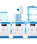 Powerful 550W Desktop Water Cooler Dispenser with Hot and Cold and Room Temperature Water, 4.9 Gallon Top Loading, white and blue