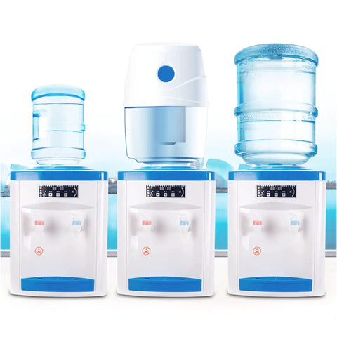 Powerful 550W Desktop Water Cooler Dispenser with Hot and Cold and Room Temperature Water, 4.9 Gallon Top Loading, white and blue