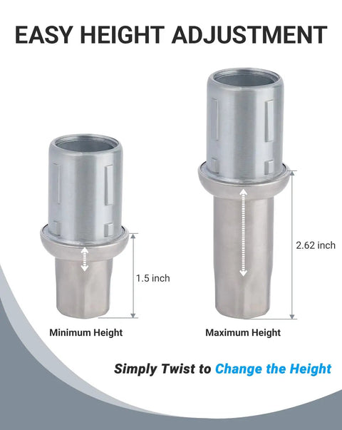 Adjustable Bullet Feet For 1-5/8 Inch Tubing Outer Diameter, showing minimum and maximum height range, stainless steel.