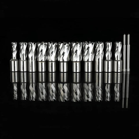 Oscarbide 13-piece annular cutter set with Weldon shanks; diameters 7/16-1-1/16 in, 1 in depth, includes two pilot pins.