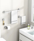 Polished Chrome 4 Piece Bathroom Hardware Set Built From 304 Stainless Steel With Robe Hook, Toilet Paper Holder, Hand Towel Holder, And Bath Towel Bar For Easy Organization And Modern Home Upgrade installed in bathroom