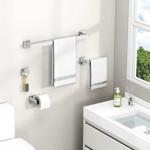 Polished Chrome 4 Piece Bathroom Hardware Set Built From 304 Stainless Steel With Robe Hook, Toilet Paper Holder, Hand Towel Holder, And Bath Towel Bar For Easy Organization And Modern Home Upgrade installed in bathroom