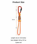 Tactical Paracord Gear Tether 2 Pack With Anti Loss Screw Lock Carabiner, shown in orange with size dimensions and weight.