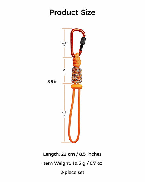 Tactical Paracord Gear Tether 2 Pack With Anti Loss Screw Lock Carabiner, shown in orange with size dimensions and weight.