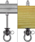 Heavy Duty Swing Hangers Rust Resistant Stainless Steel 304 Swivel Bolts with securing hardware on wood and metal beams.